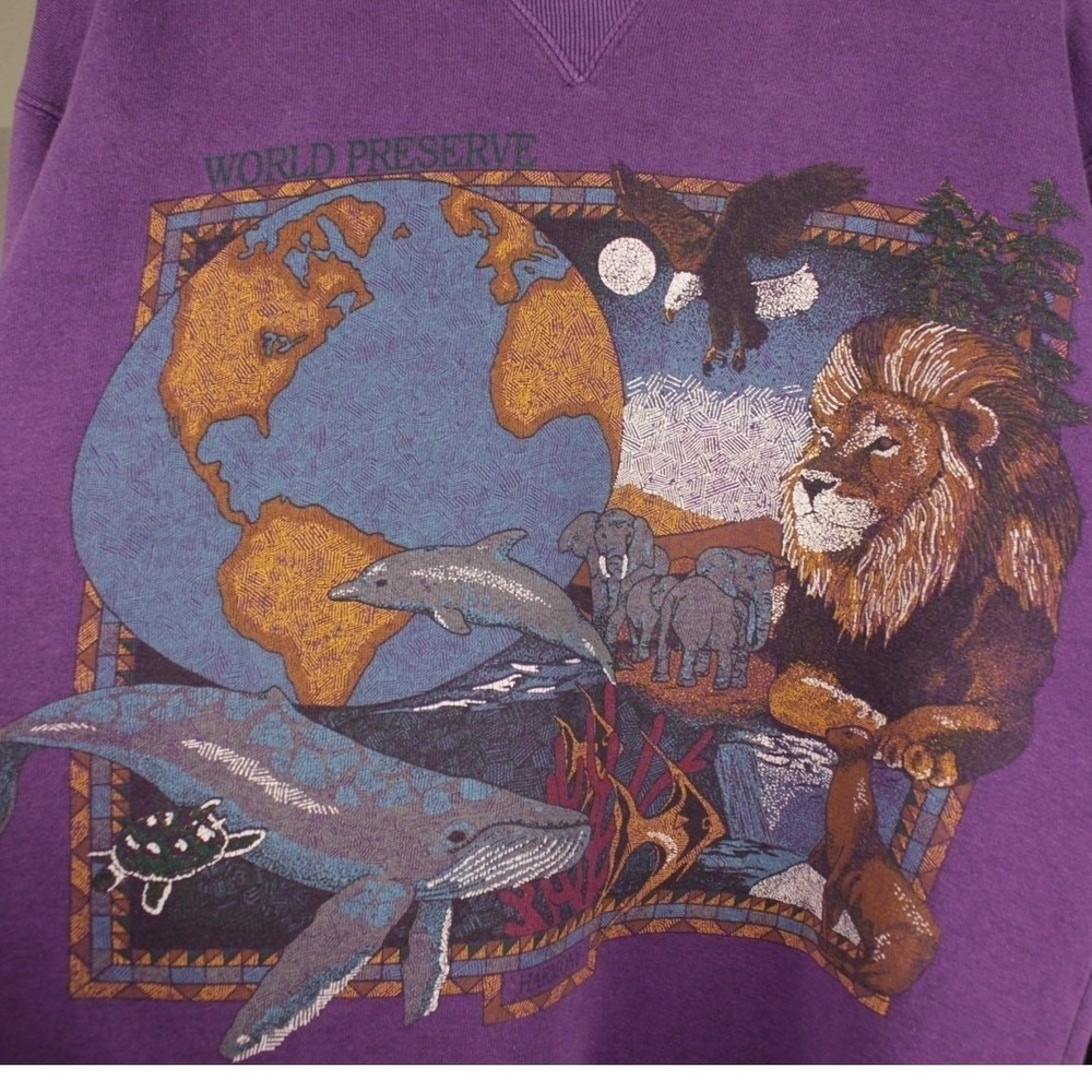 90s Vintage World Preserve Animal‎ Graphic Sweatshirt Purple Womens S Nature USA